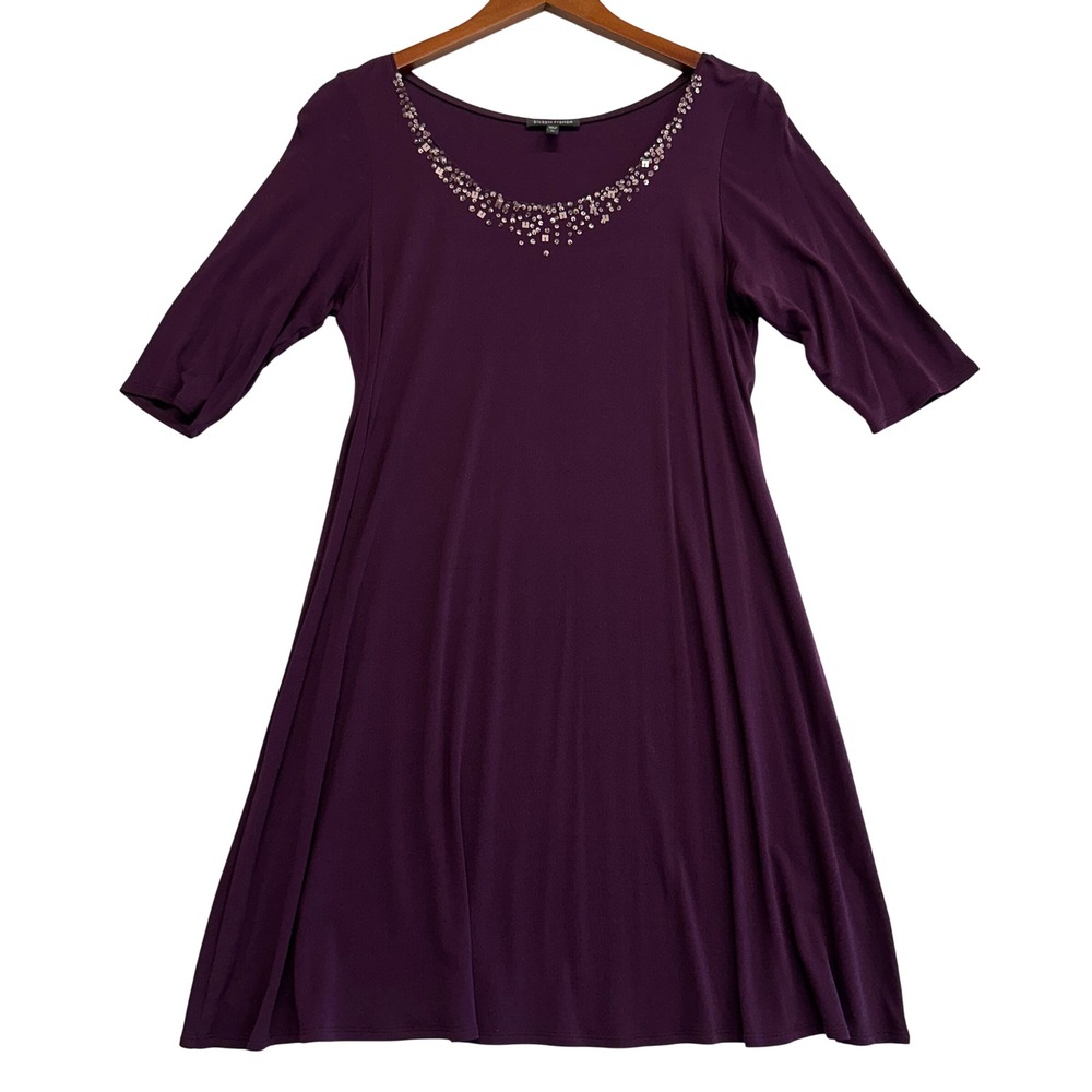 Eileen Fisher Silk Jersey Sequin Neck Dress Purple A-Line Elbow Sleeve ROGKS-2 M